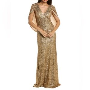 Rickie Freeman For Teri Jon Sequin Embellished Cape Gown In Gold Size 2